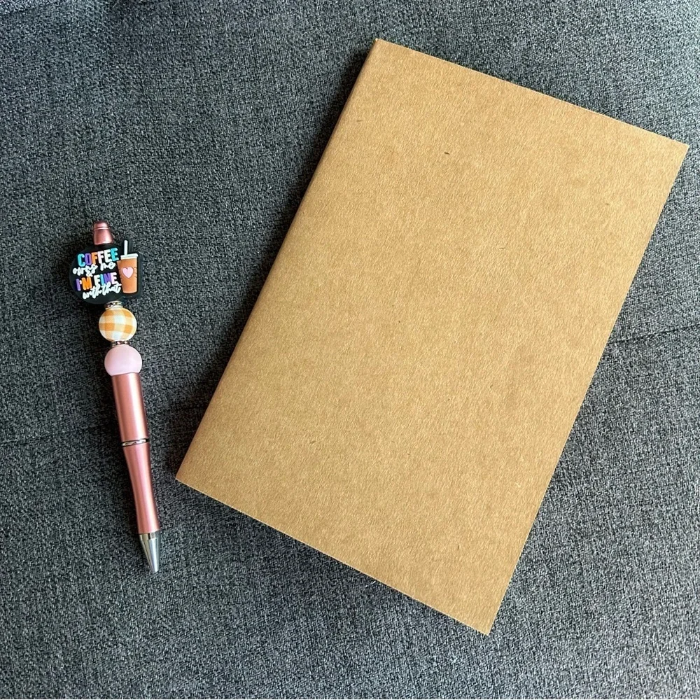 Handcrafted Coffee Theme Pen + Kraft Journal Notebook (COFFEE OWNS ME - PINK)